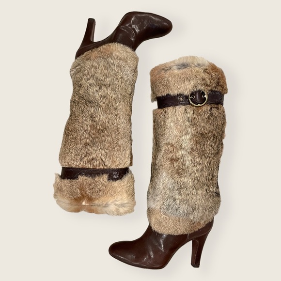 $699 RARE Frye Ava Rabbit Fur Vintage Luxury Brown Leather Stiletto Heel Boot - Picture 10 of 10